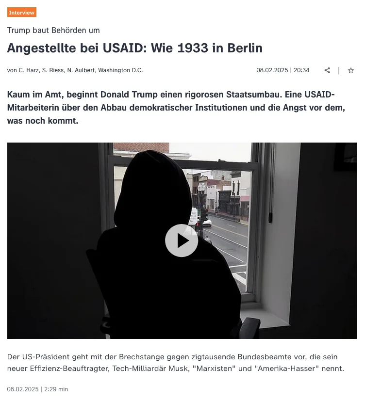 A screenshot of a German news article titled 'Trump baut Behörden um' with a photo of a person in a dark hoodie sitting in…