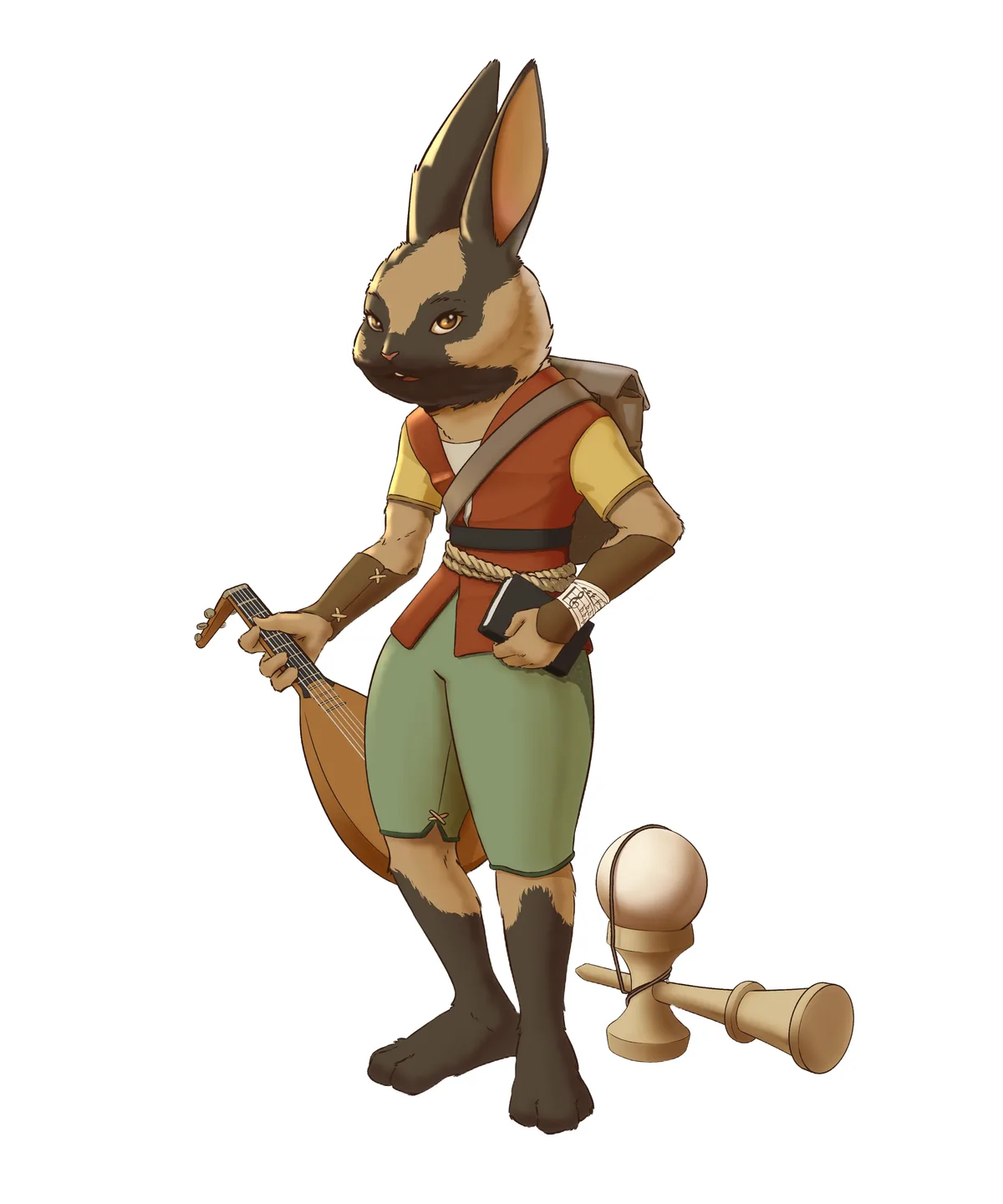 An anthropomorphic rabbit with a beard, wearing adventurer gear including a red vest, green shorts, and a rope belt, holds a…