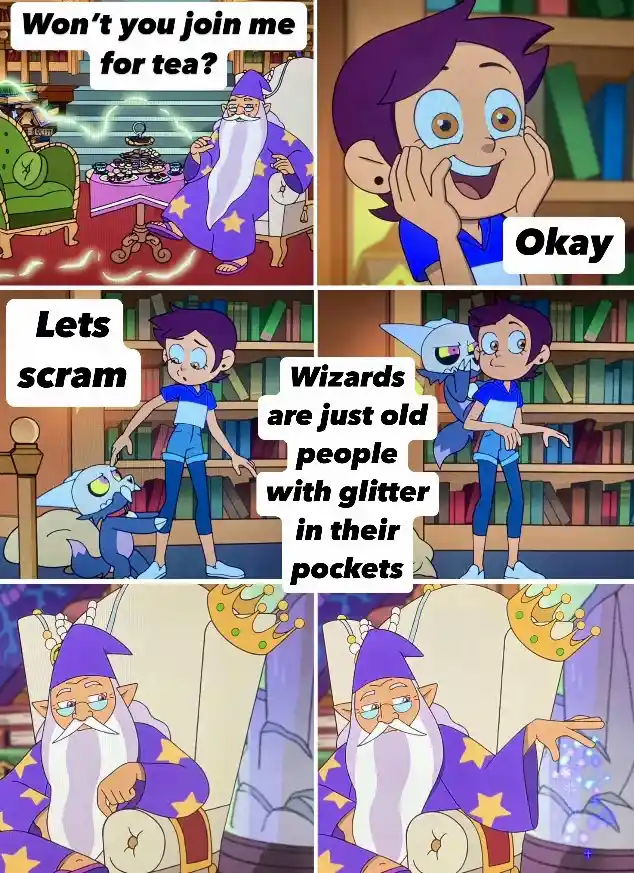A six-panel comic strip from the animated series 'The Owl House' shows a young protagonist agreeing to join a wizard for…