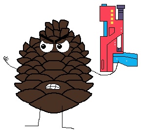 A cartoon pinecone with an angry expression, clenched teeth, and raised arm holds a red and blue toy gun. The pinecone has…