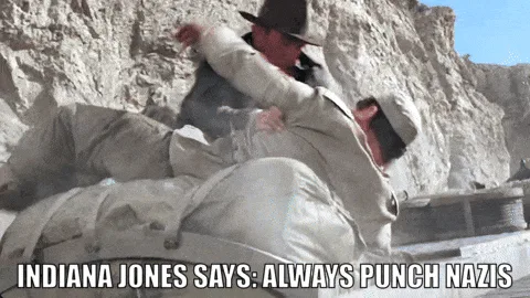 A six-panel meme sequence from the movie 'Raiders of the Lost Ark' shows Indiana Jones in a physical altercation with a Nazi…