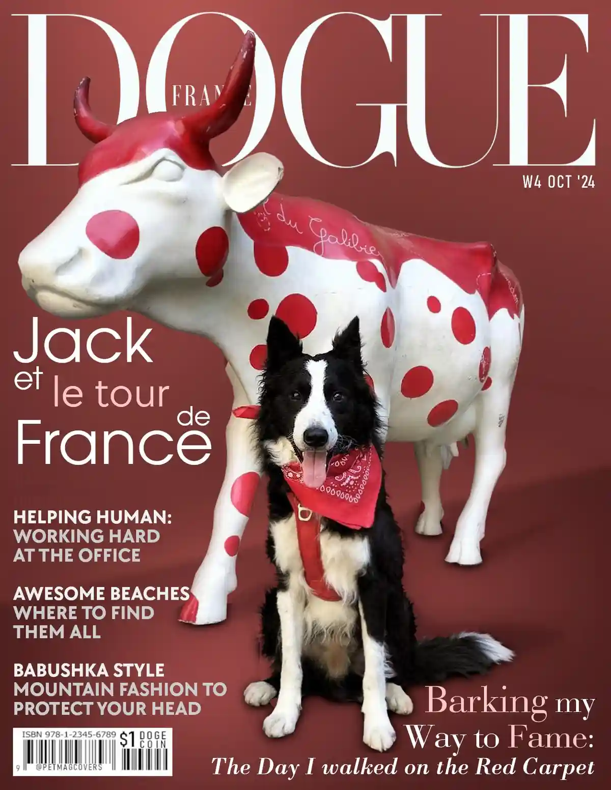 A black and white dog wearing a red bandana sits in front of a large red-and-white spotted cow statue, styled as a Vogue…