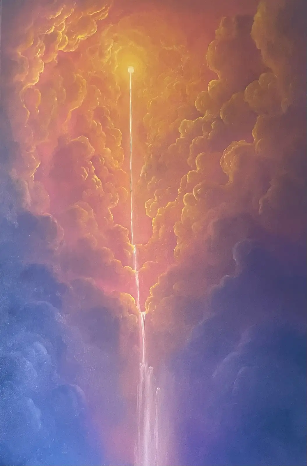 A dramatic painting depicts a vertical beam of bright light piercing through dense, swirling clouds, transitioning from warm…