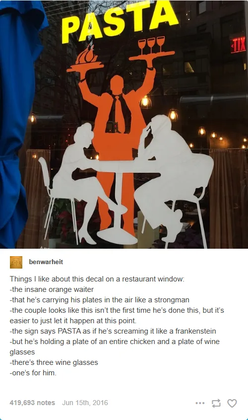A restaurant window decal shows a stylized orange waiter holding up a flaming plate and a tray of wine glasses, while a…