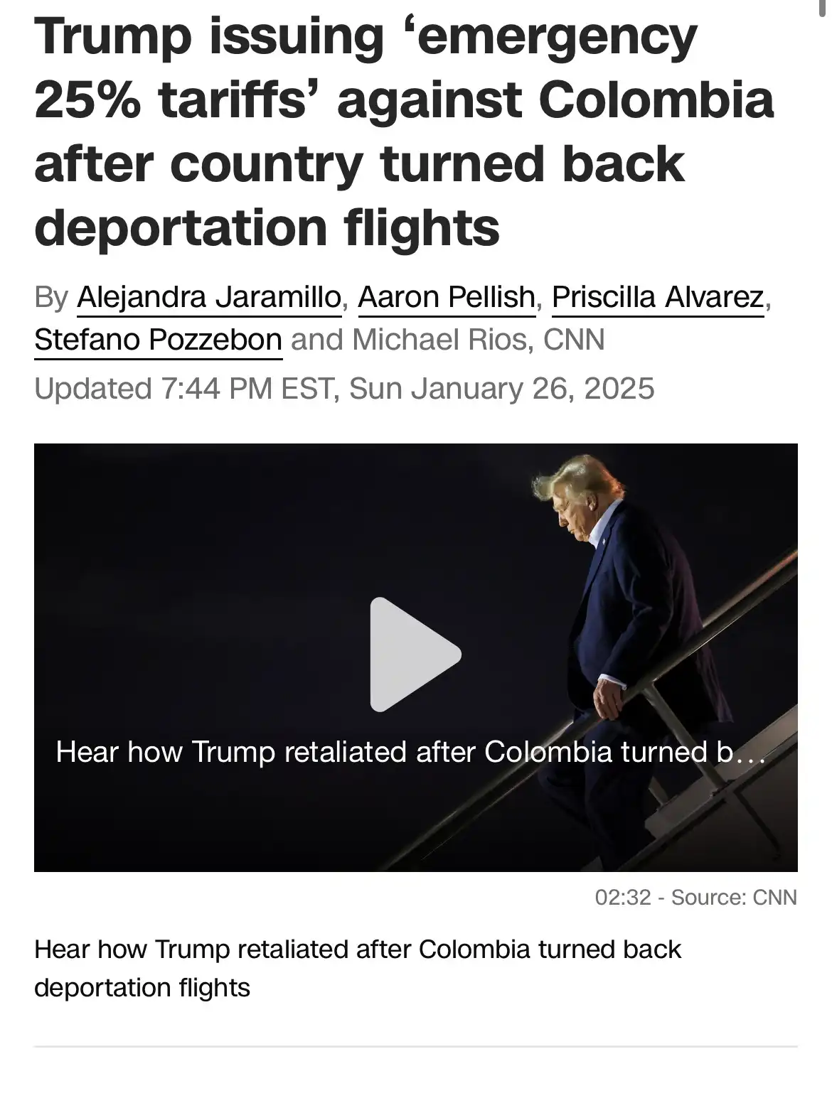 A screenshot of a CNN news article header showing a headline about Trump imposing tariffs on Colombia. Below the headline is…