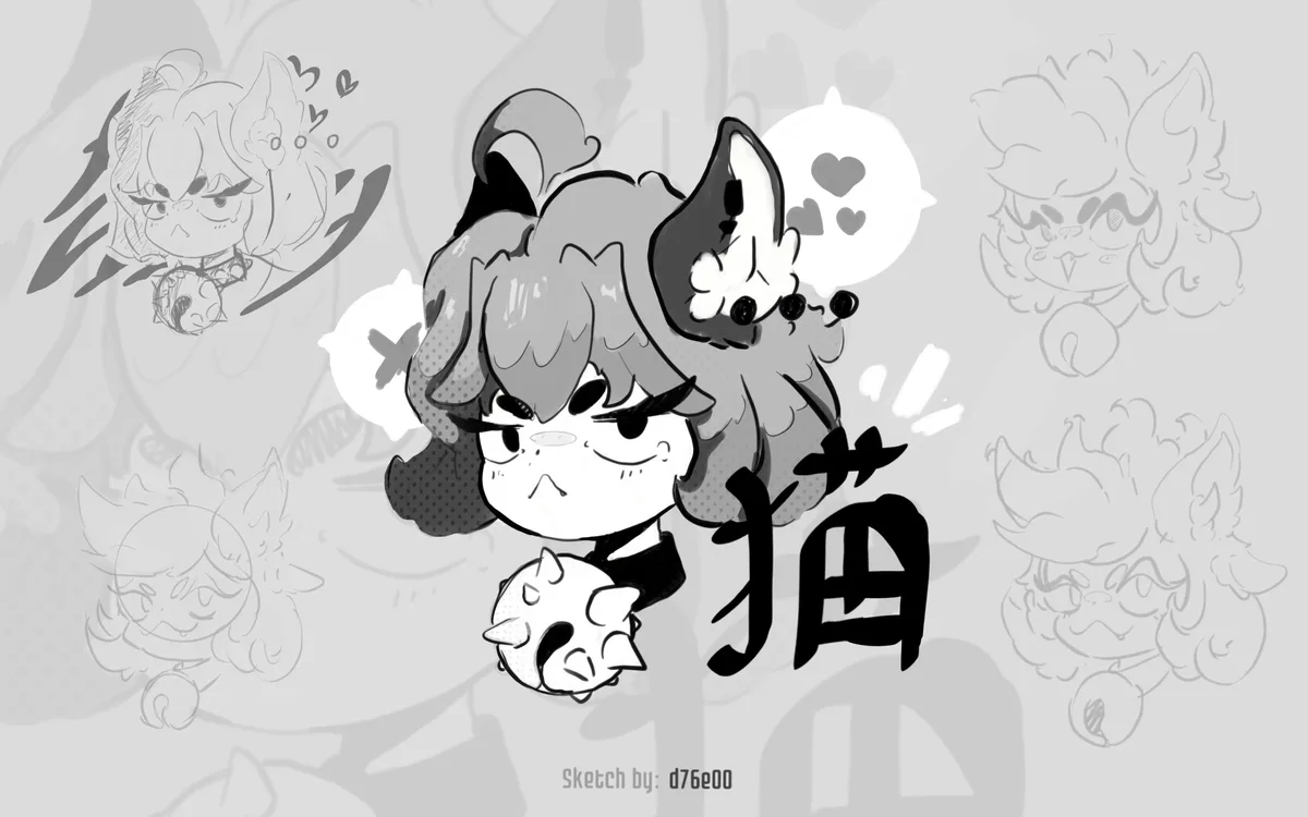 A black-and-white anime-style illustration features a central chibi character with cat ears, an angry expression, and a…