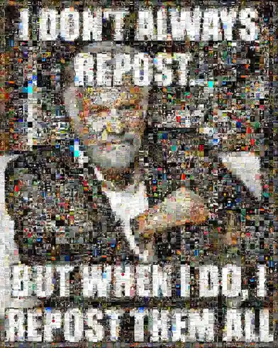 A mosaic image composed of hundreds of small, varied pictures forms the face of a man with a shocked or bewildered…