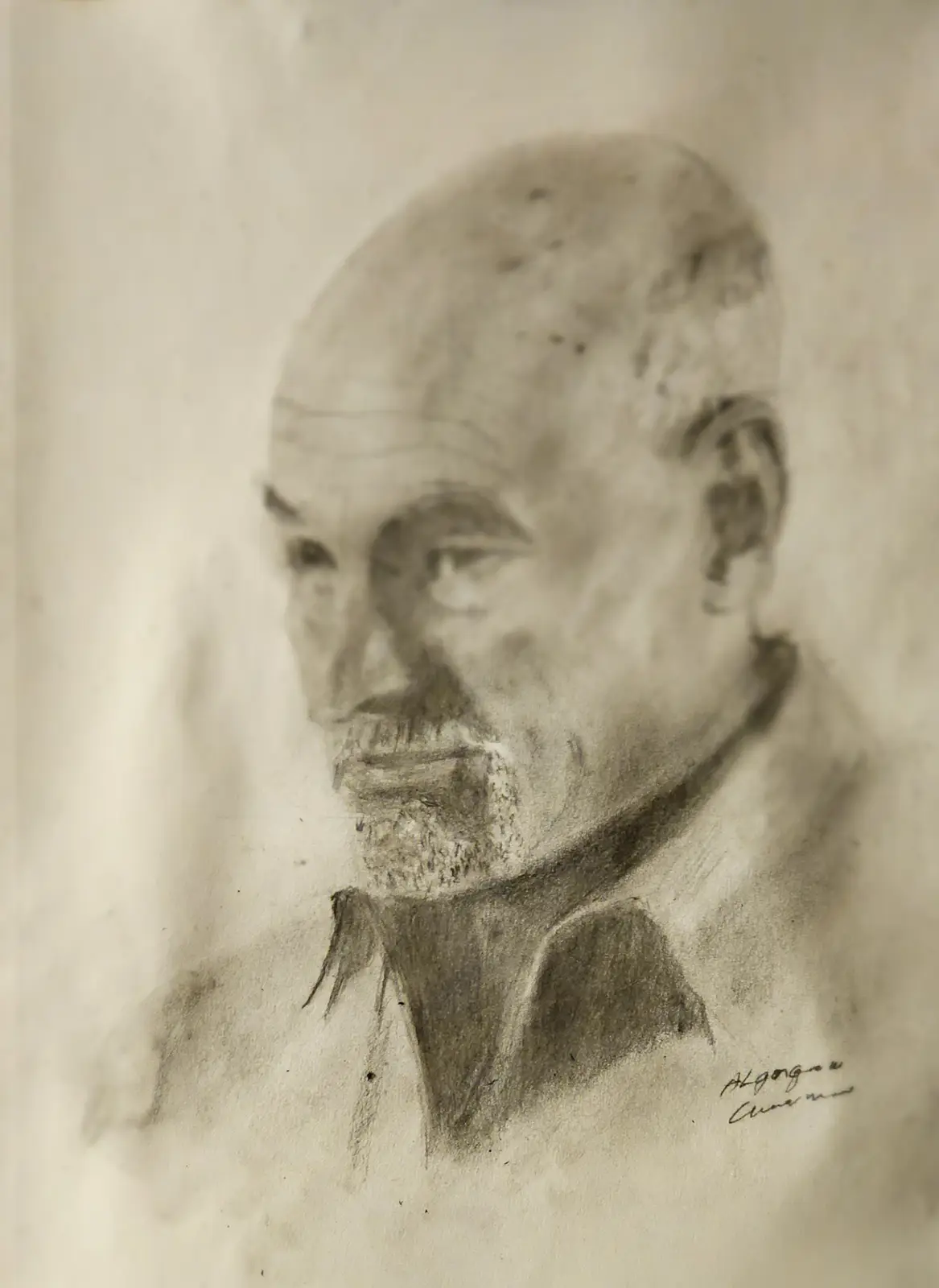 A sepia-toned charcoal sketch of an elderly bald man with a goatee, wearing a collared shirt, looking slightly to his left…