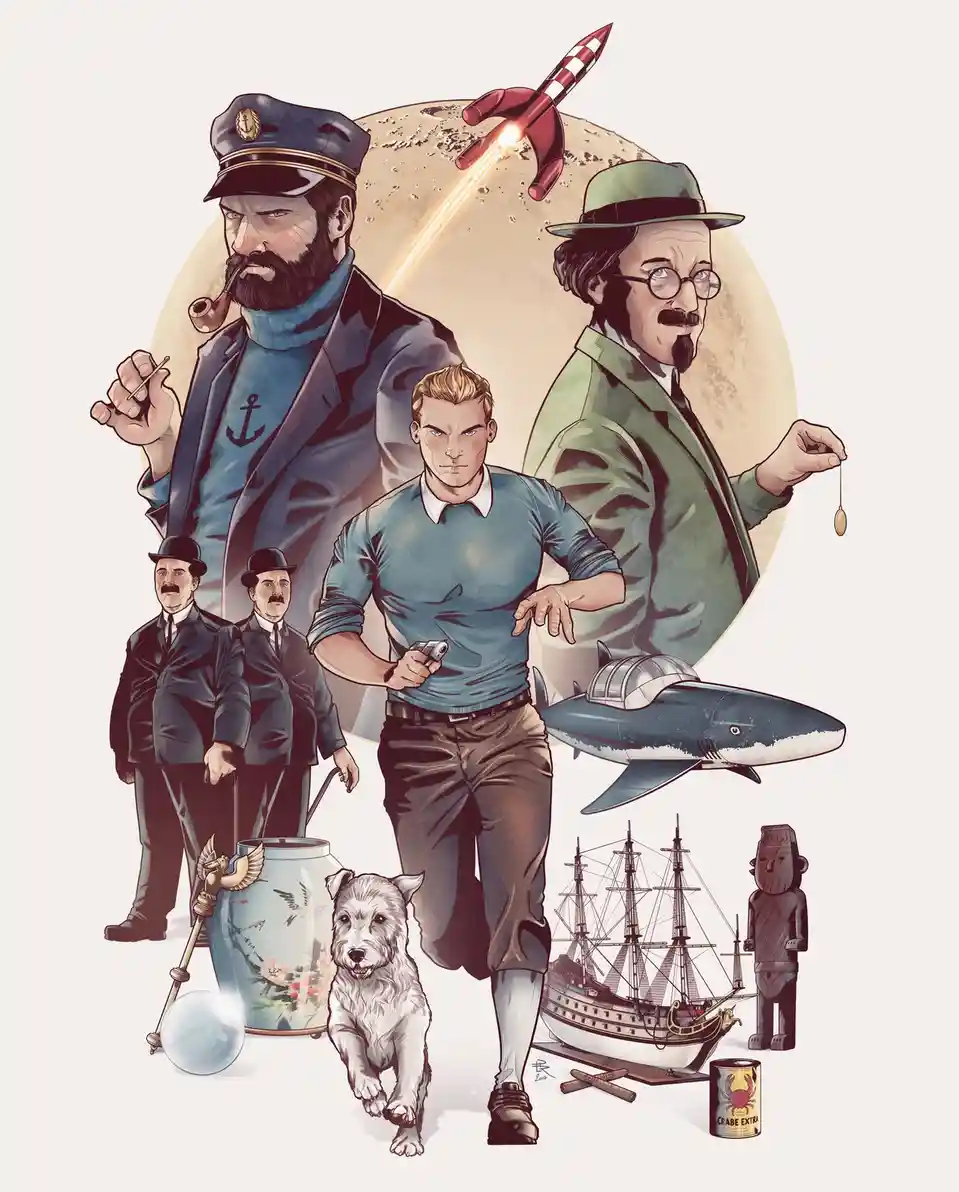 A stylized illustration features a central man in a blue shirt holding a pistol, flanked by a bearded man in a captain's hat…