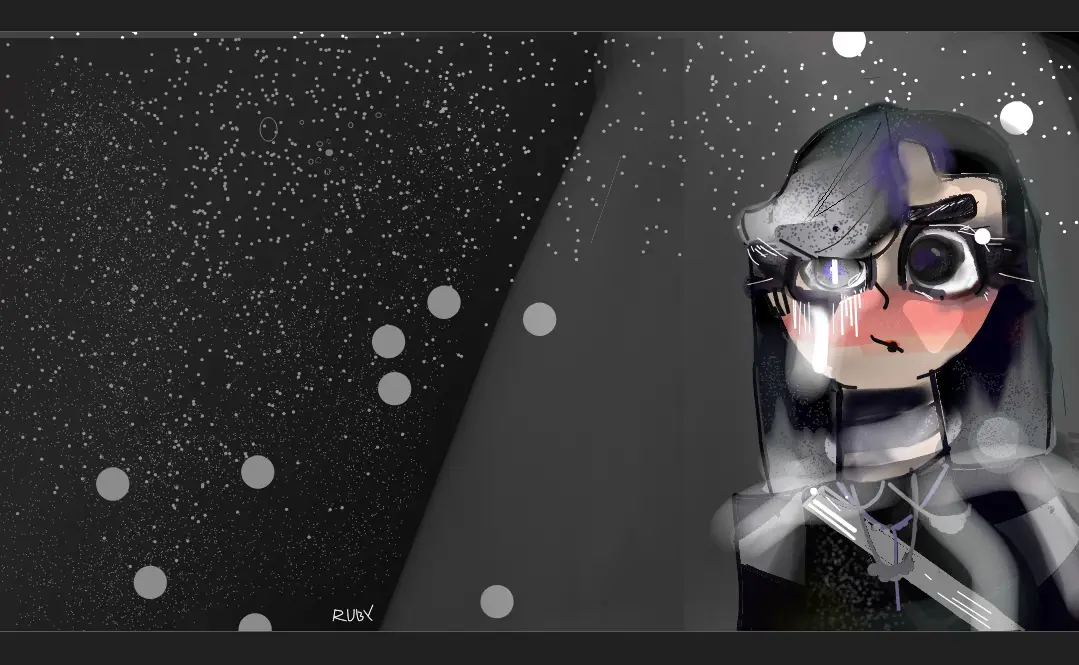 An anime-style character with large eyes and a tear streaming down their cheek, standing in a dark, starry space…