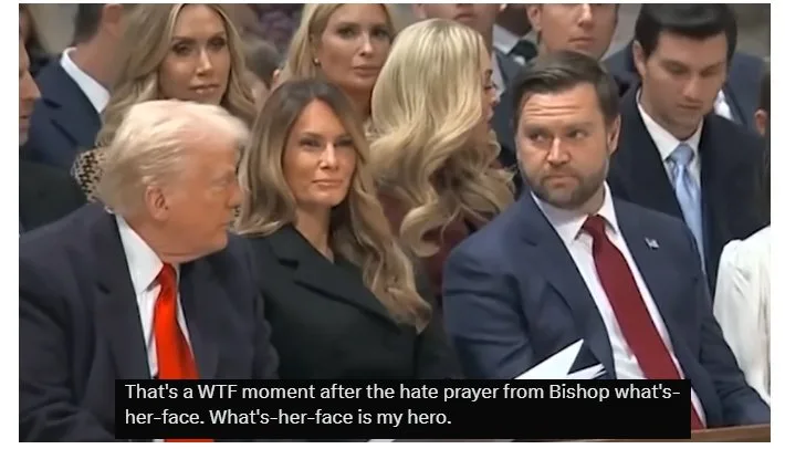 A still image from a formal event shows Donald Trump seated next to Melania Trump, with a man in a suit to their right…
