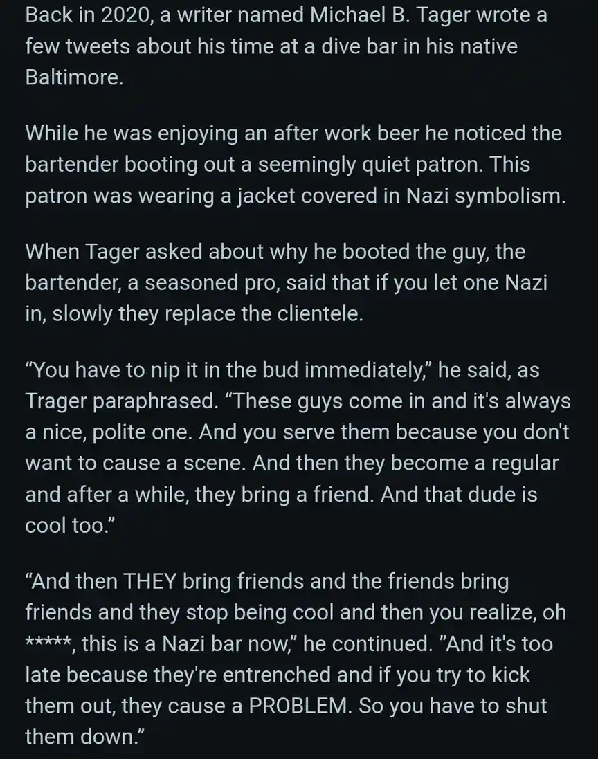 The image displays a block of white text on a black background, recounting a 2020 story by writer Michael B. Tager about a…