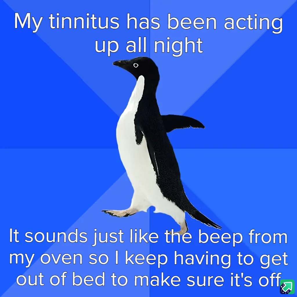 A black-and-white penguin stands against a blue background with diagonal stripes. White text at the top reads 'My tinnitus…