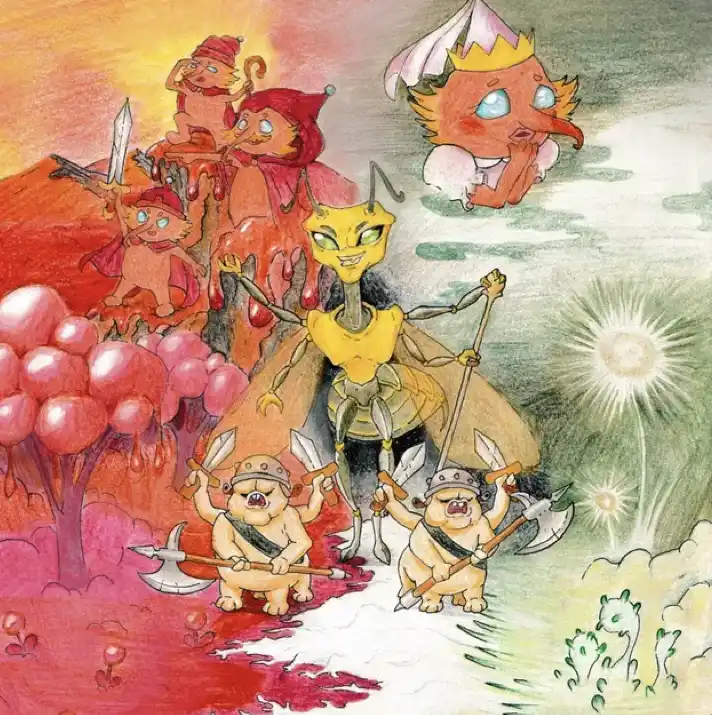 A whimsical, hand-drawn fantasy illustration depicts a yellow, insectoid queen figure with multiple arms and a cape…