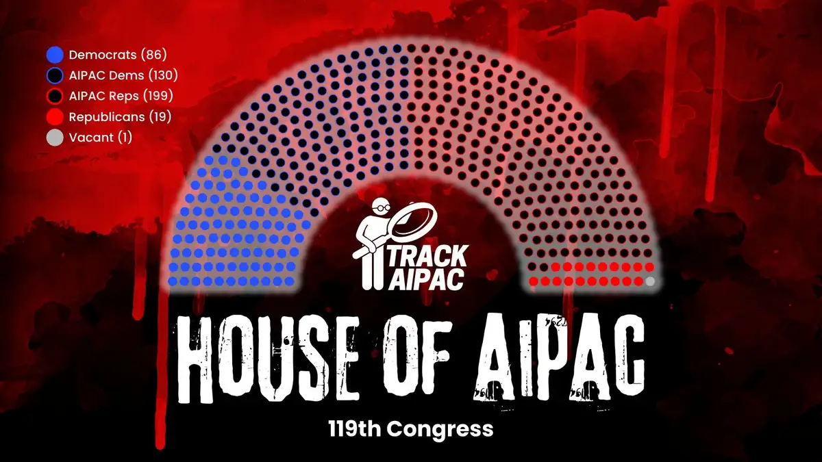 A graphic showing a stylized U.S. House of Representatives chamber with dots representing seats, colored blue, black, red…