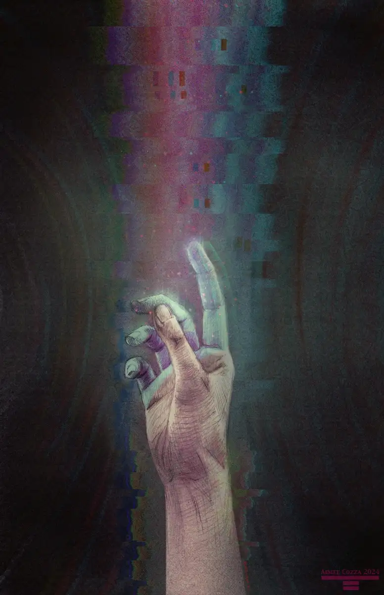 A digitally rendered image shows a human hand reaching upward toward a glitchy, colorful digital stream of light and…