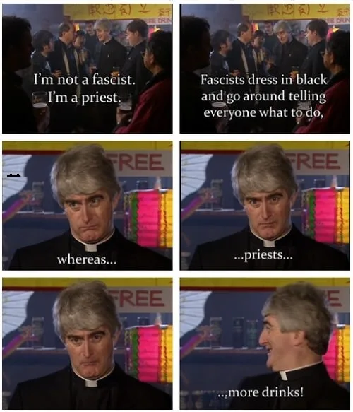 A six-panel meme featuring a man in a priest's collar. The panels show him speaking to a group, then turning to the camera…