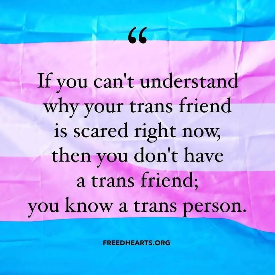 The image displays a crumpled transgender pride flag with horizontal stripes of blue, pink, and white. Overlaid in black…