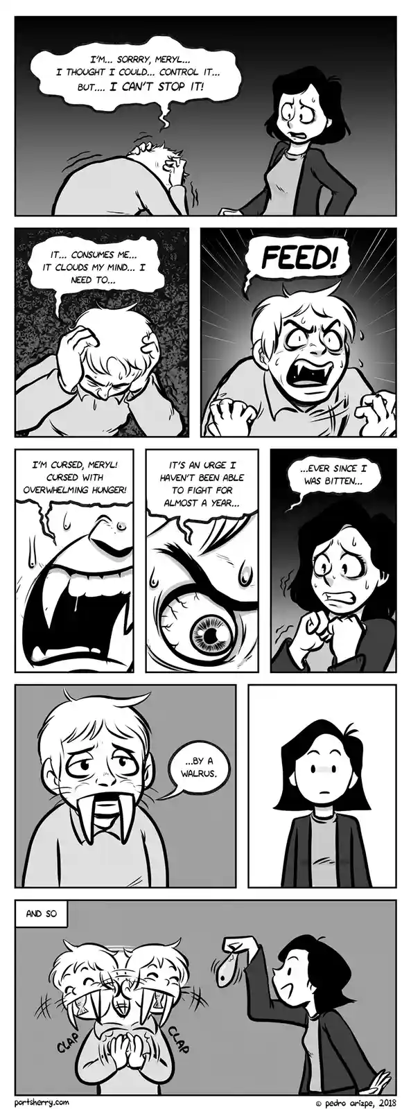 A black-and-white comic strip shows a man pleading with a woman named Meryl about an uncontrollable hunger he claims to be…