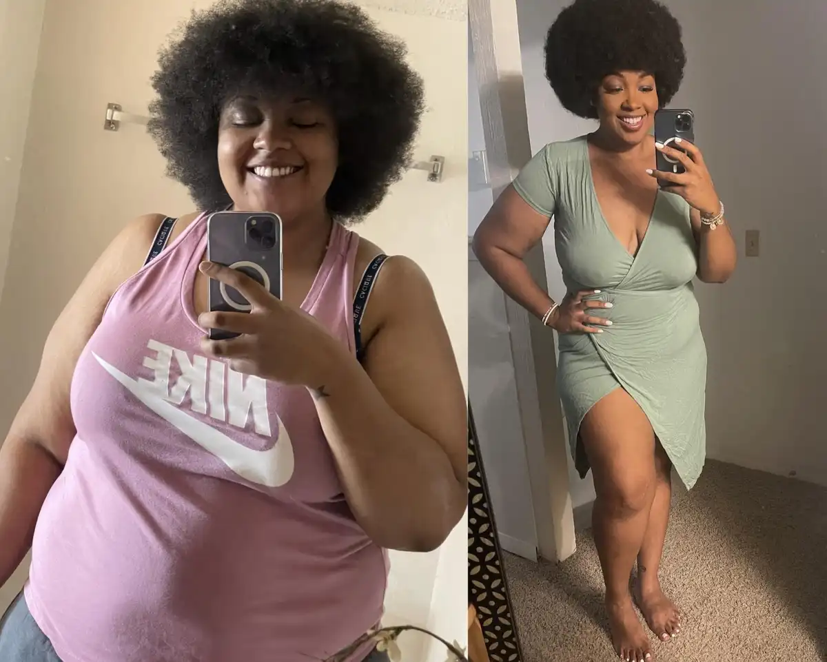 A side-by-side mirror selfie shows a woman with a large afro in two different outfits. On the left, she wears a pink Nike…
