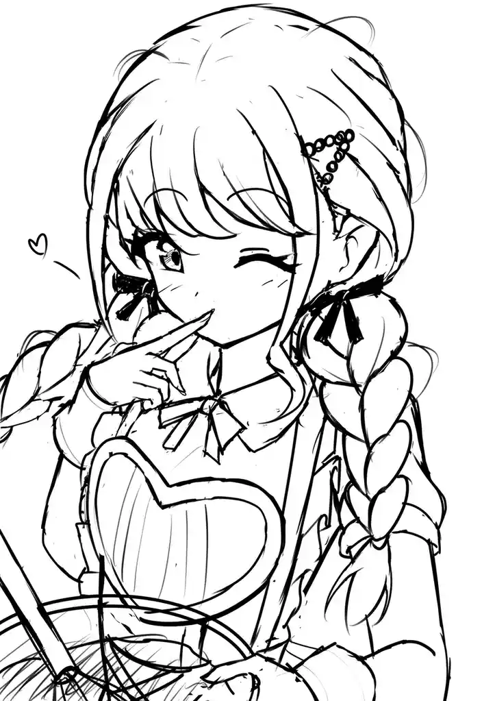 A black-and-white line art sketch of an anime-style girl with braided hair and a heart-shaped top, winking and holding a…