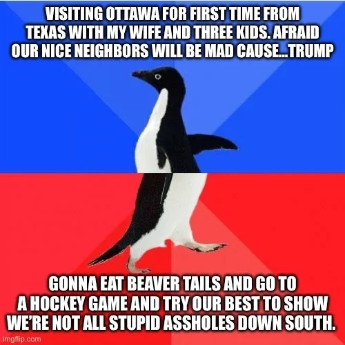 A black-and-white penguin stands in the center of a red-and-blue background, looking concerned. The text above it reads…