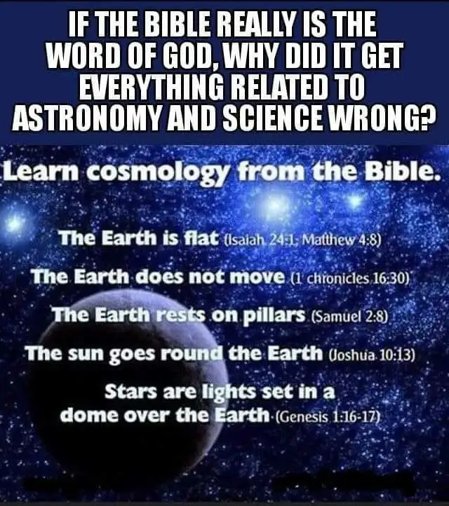 The image shows a starry night sky with a depiction of the Earth as a flat disc. Overlaid text poses a question about the…