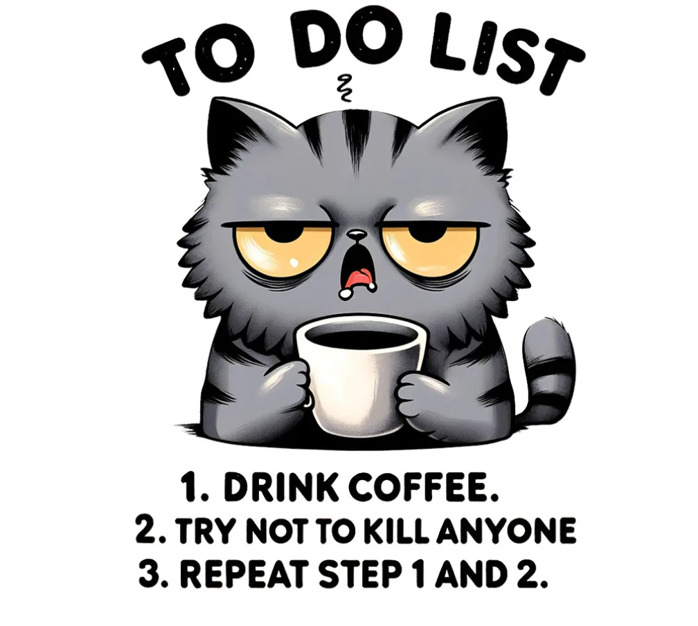 A cartoon gray cat with a grumpy, tired expression holds a coffee mug. Above it, the text reads 'TO DO LIST'. Below, a…