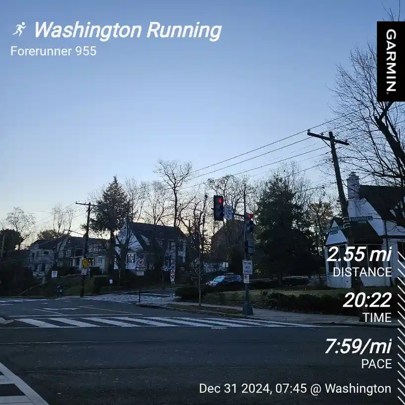 A screenshot of a Garmin Forerunner 955 running watch displaying a completed run of 2.55 miles in 20 minutes and 22 seconds…