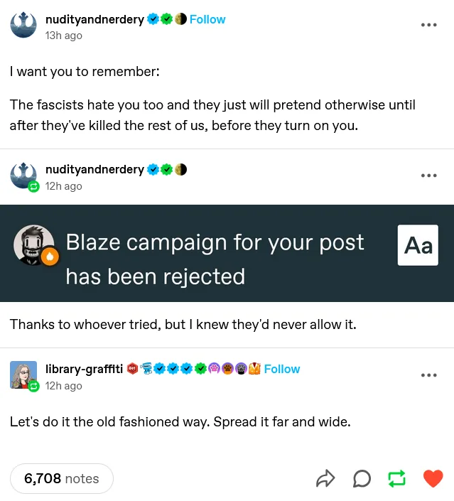 A screenshot of an Instagram post by 'nudityandnerdery' showing a comment thread. The top comment warns about fascists. The…