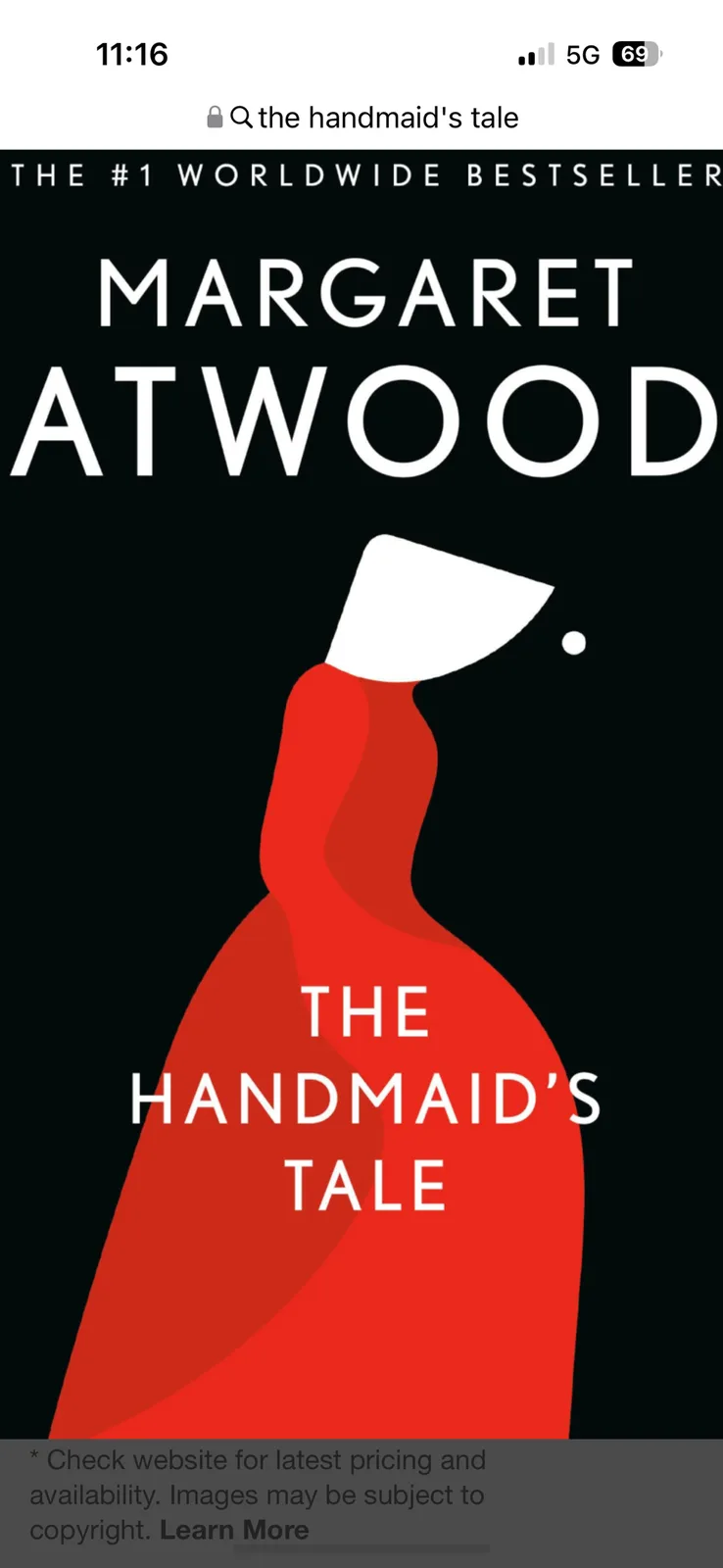 A smartphone screenshot shows a book cover for 'The Handmaid's Tale' by Margaret Atwood, featuring a stylized red silhouette…