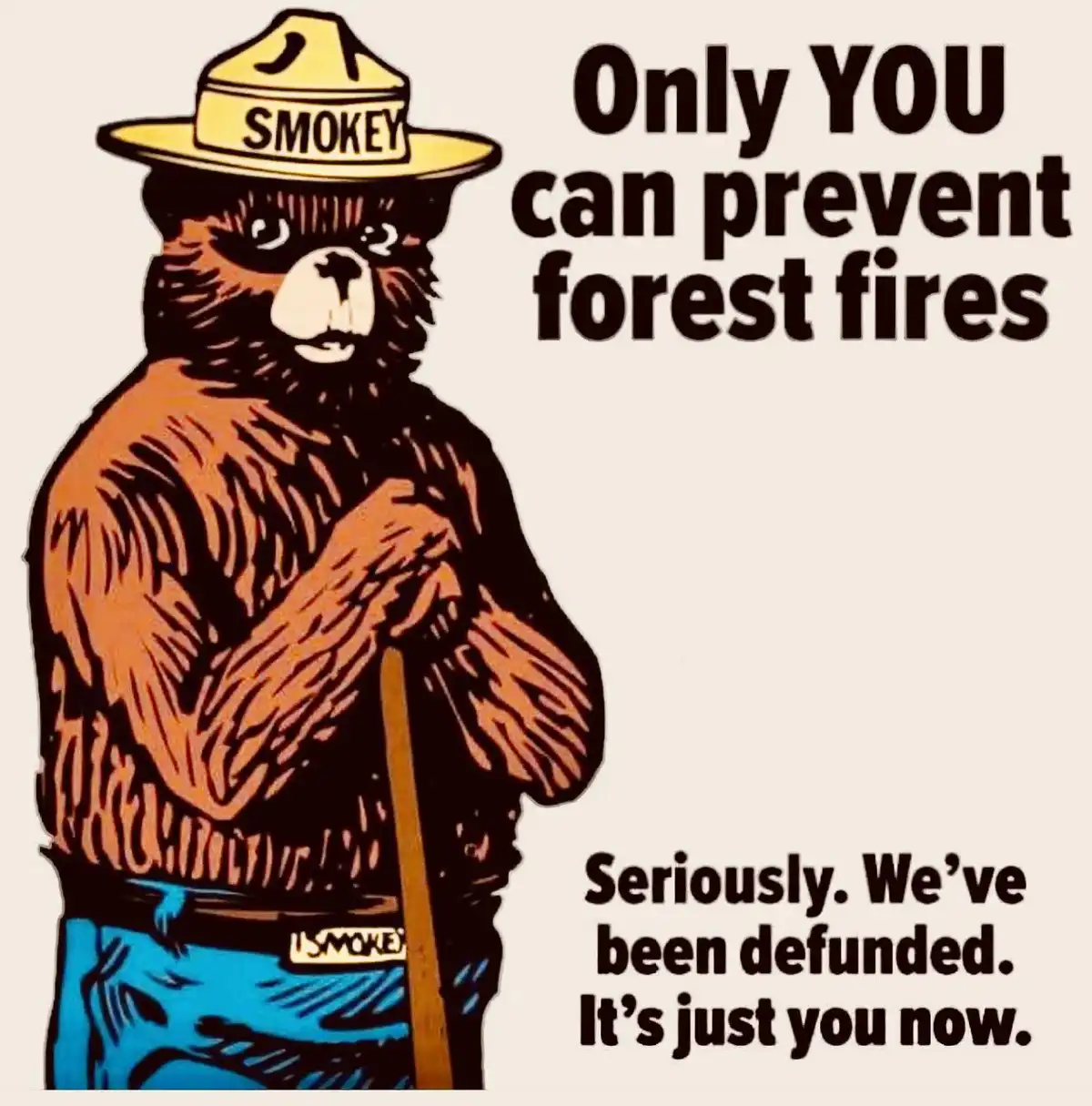 A vintage-style illustration of Smokey Bear, wearing his iconic yellow hat with 'SMOKEY' written on it and blue pants with a…