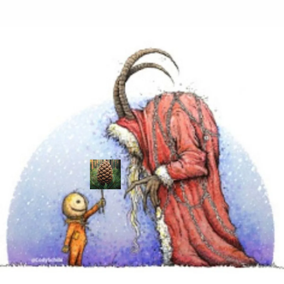 A small, smiling, one-eyed orange figure holds up a pinecone toward a towering, horned, red-robed figure adorned with chains…