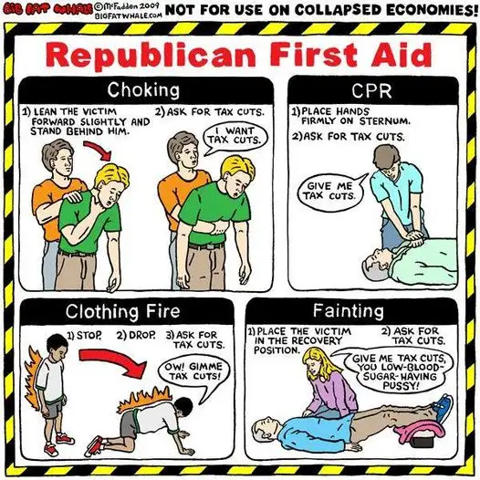 A four-panel comic titled 'Republican First Aid' humorously depicts emergency procedures where every step involves demanding…