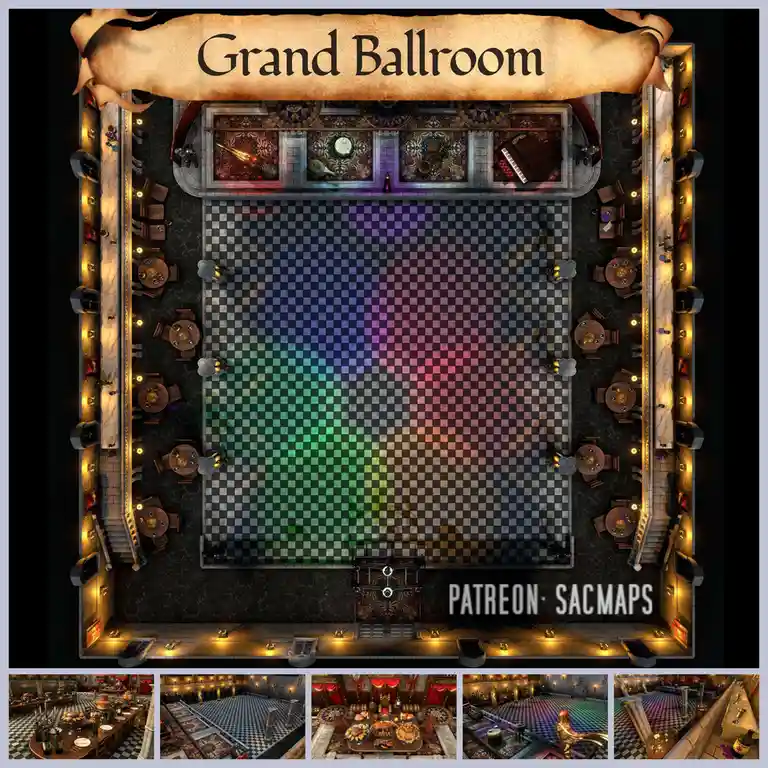 An overhead view of a grand ballroom with a checkered dance floor illuminated by colorful, shifting lights. Tables and…