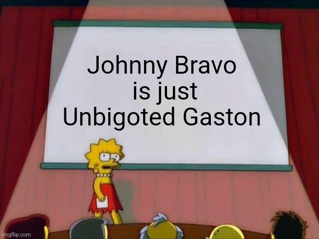 Lisa Simpson stands at a podium in front of a projector screen displaying the text 'Johnny Bravo is just Unbigoted Gaston'…