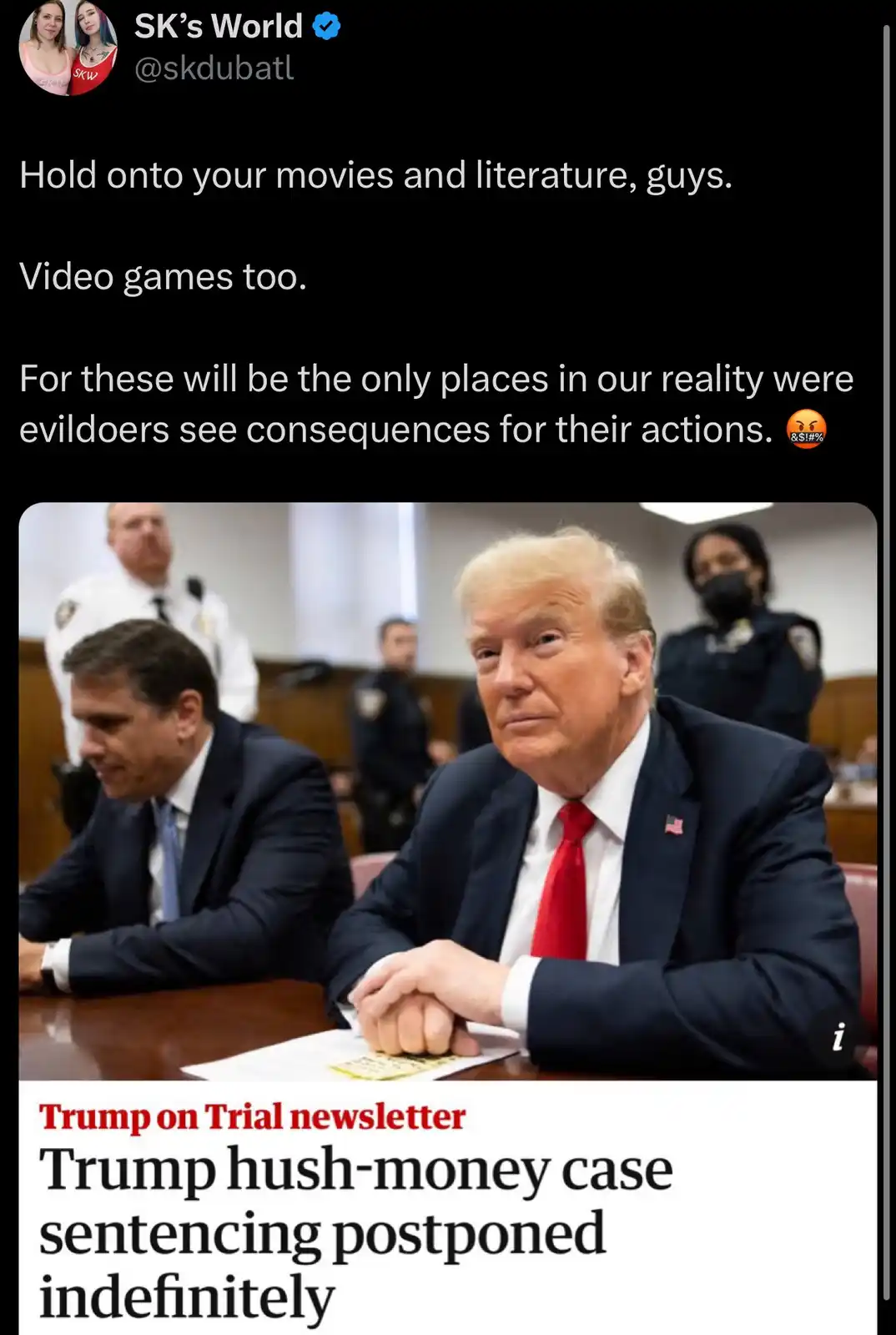 A screenshot of a tweet from 'SK's World' overlaid on a photo of Donald Trump sitting at a table in a courtroom, looking…