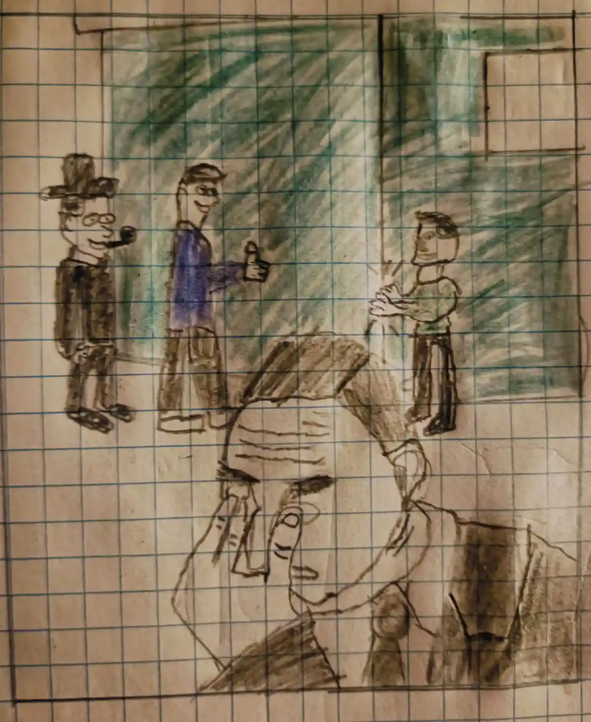 A hand-drawn image on graph paper shows three men standing in the background, smiling and gesturing, while a fourth man in…