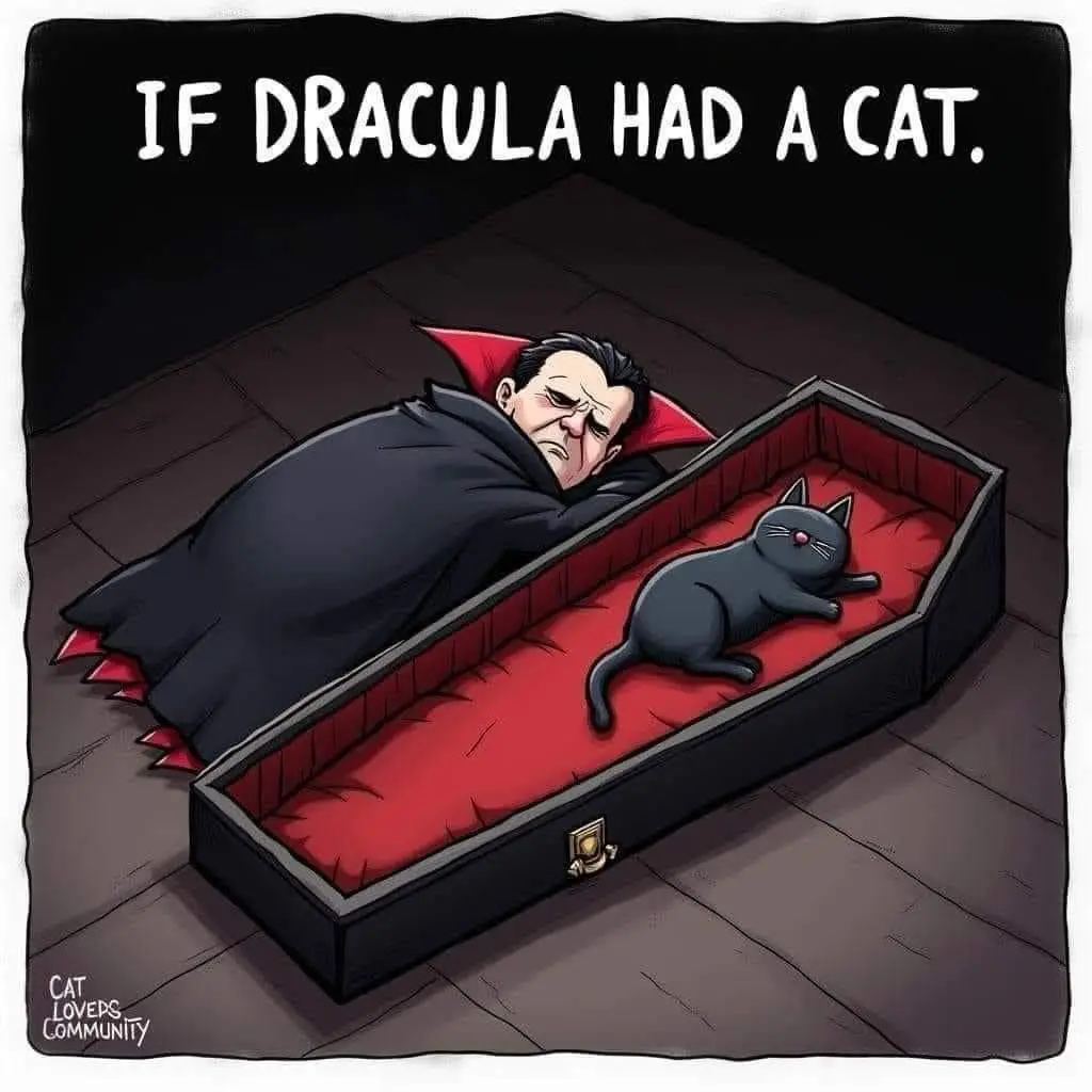 A cartoon illustration shows a vampire resembling Dracula lying in a coffin with a black cat sleeping beside him on the red…