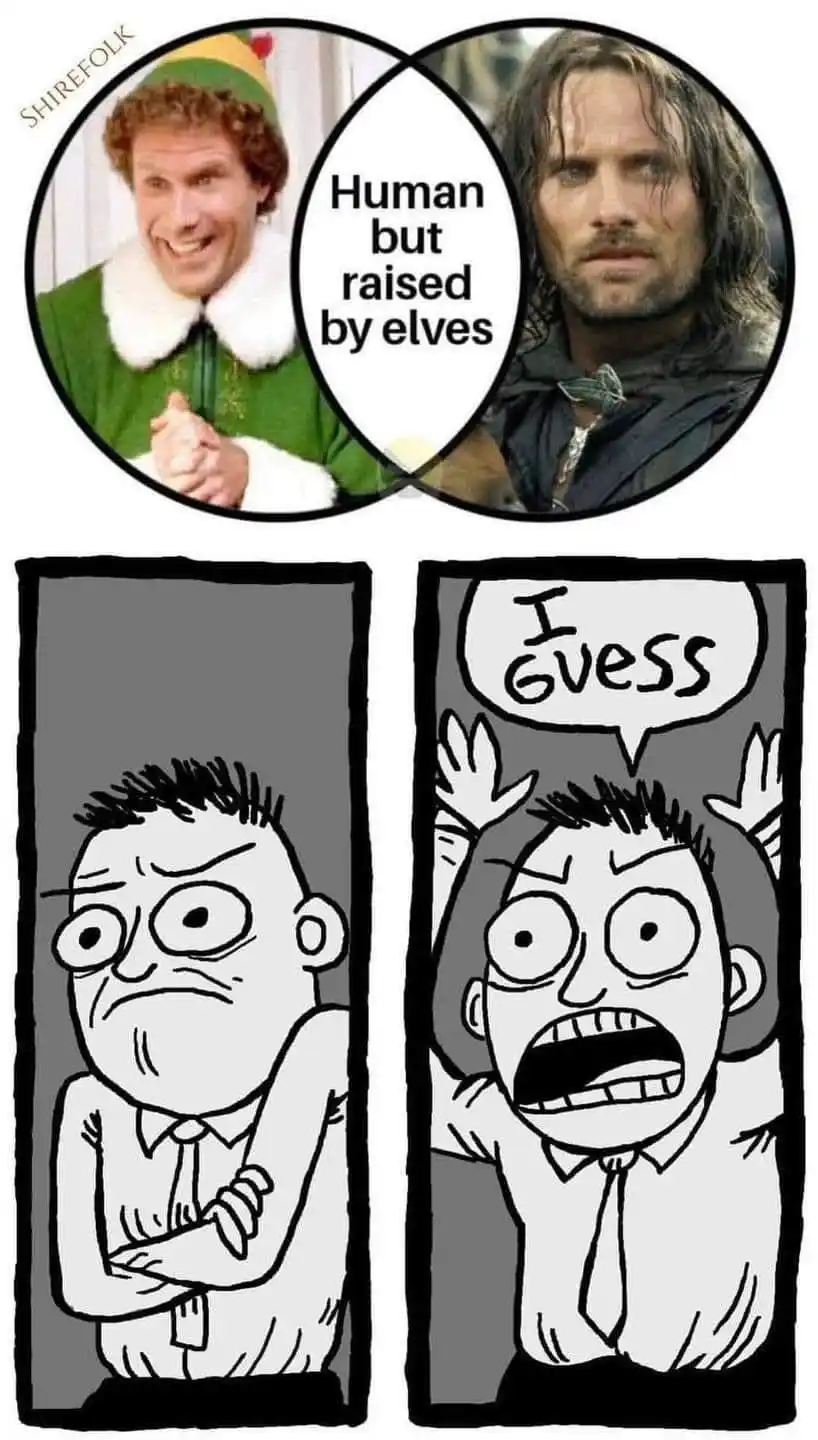 A Venn diagram shows actor Will Ferrell as Buddy the Elf on the left and actor Viggo Mortensen as Aragorn on the right, with…