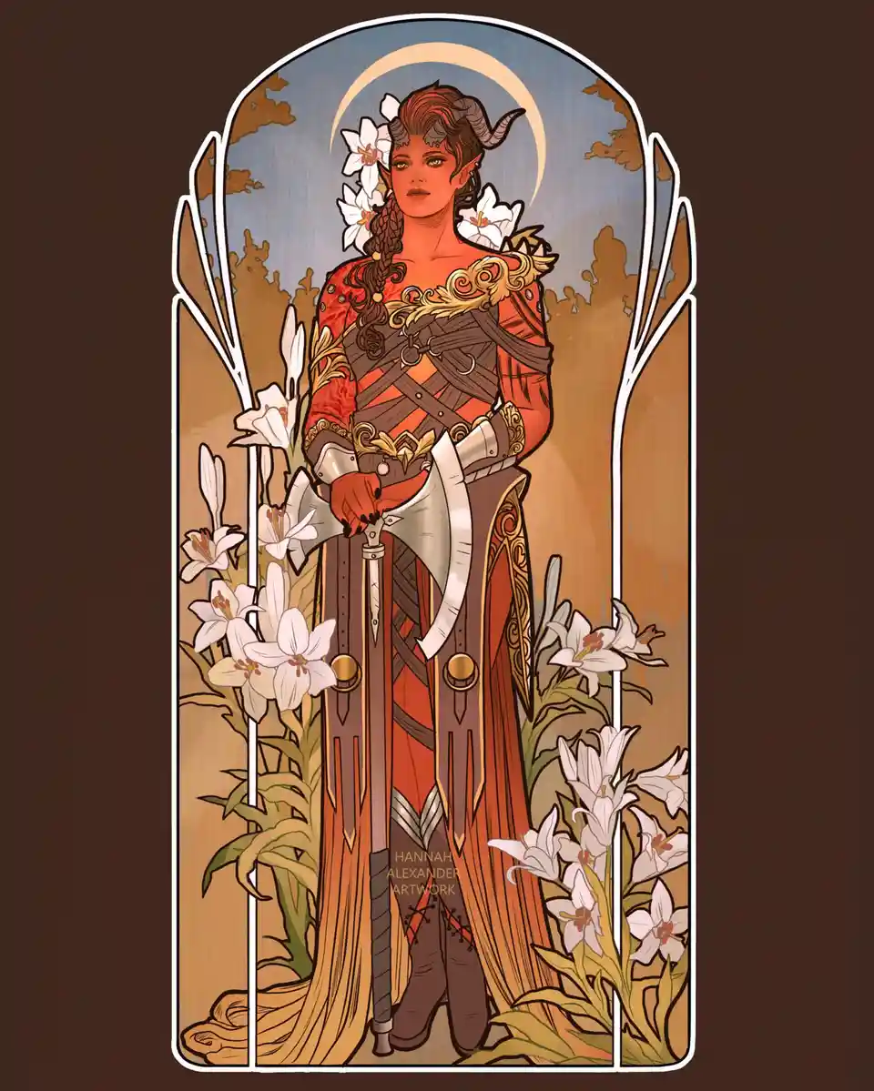 A stylized illustration of a female demon or devil with horns and pointed ears, wearing ornate red and gold armor and…