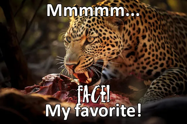 A leopard is shown in a forest setting, actively eating raw meat. The image has white text overlaid: 'Mmmmm...' at the top…