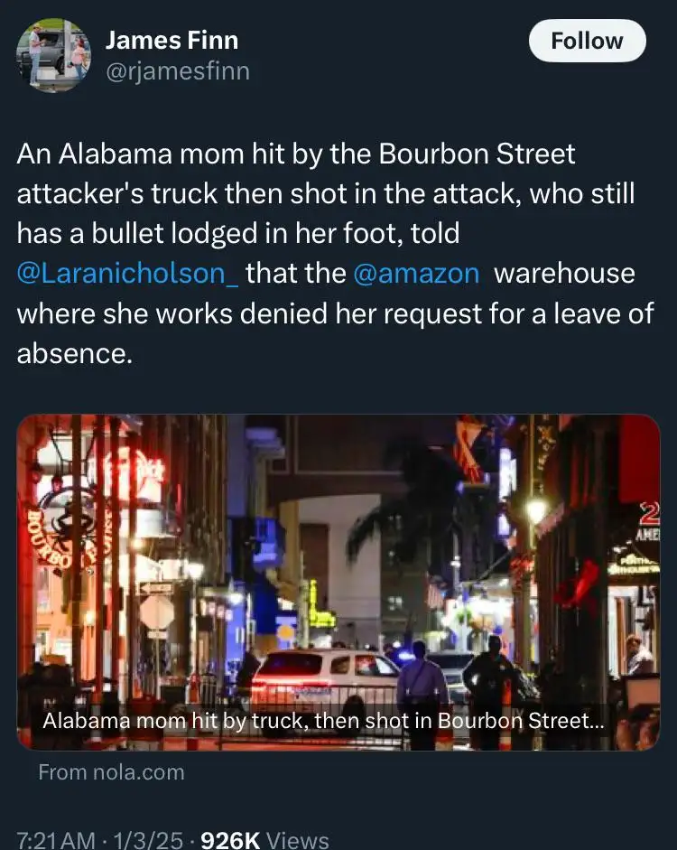 A screenshot of a tweet by James Finn showing a nighttime photo of Bourbon Street with police and emergency vehicles. The…