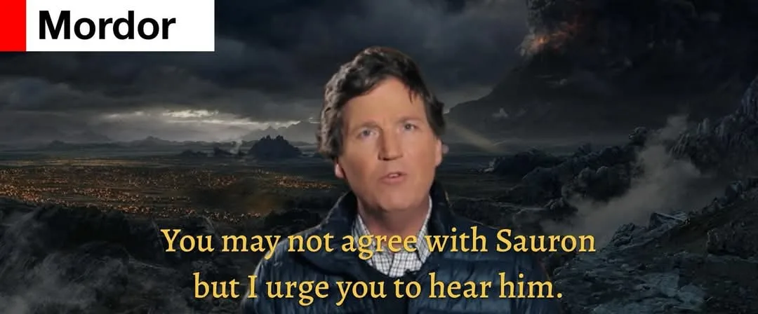 A man with dark hair and a blue jacket is superimposed over a dark, volcanic landscape labeled 'Mordor'. The overlaid text…