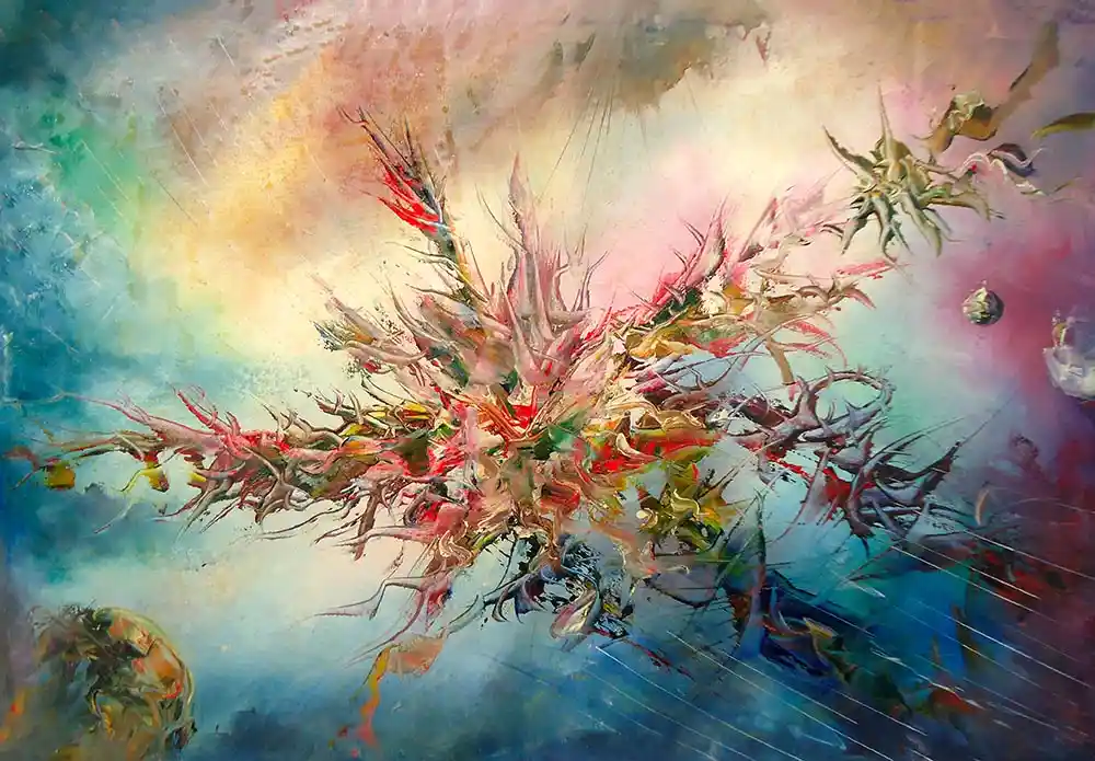 An abstract painting with chaotic, spiky, colorful brushstrokes radiating from a central explosion against a cloudy blue and…