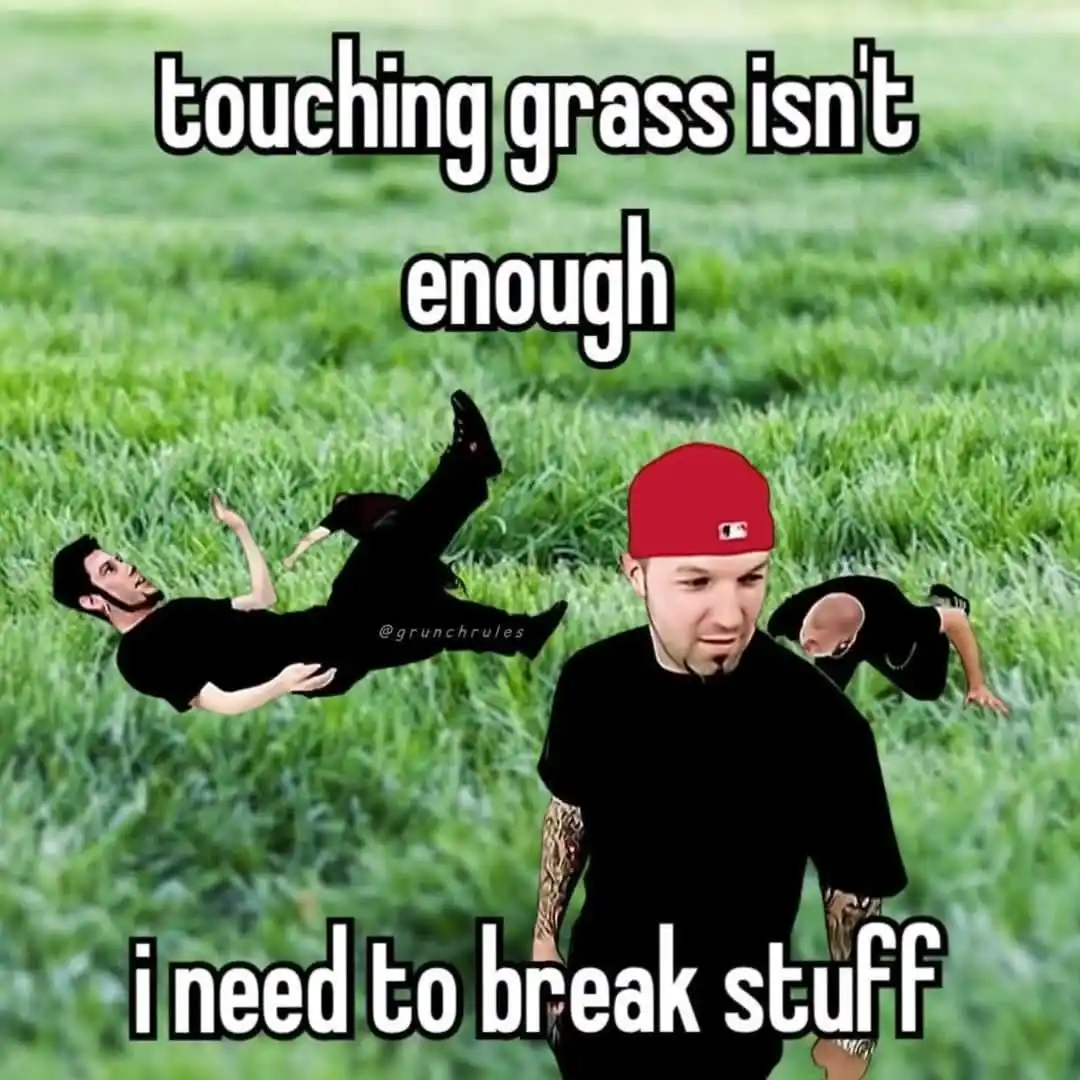 A man in a red cap stands in a grassy field with a frustrated expression, while two other men are shown falling or diving…