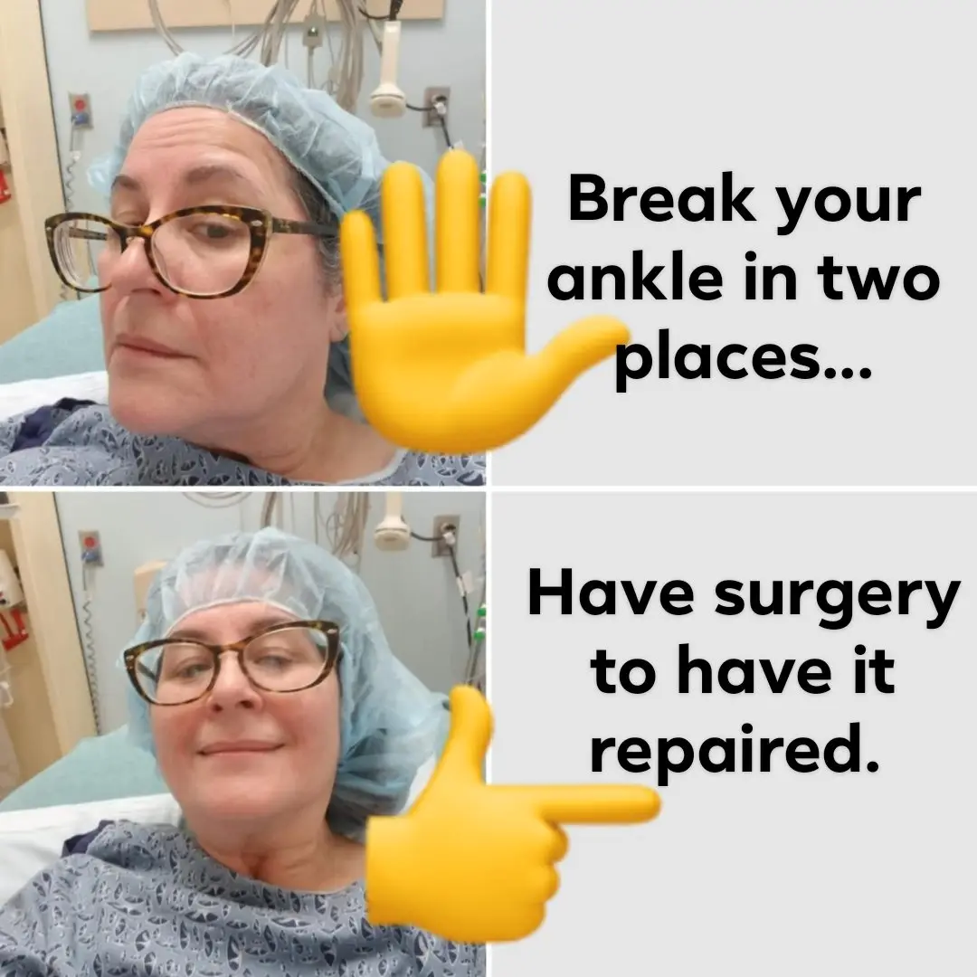 A two-panel meme featuring the same woman in a hospital gown and surgical cap, first looking serious, then smiling. Text in…