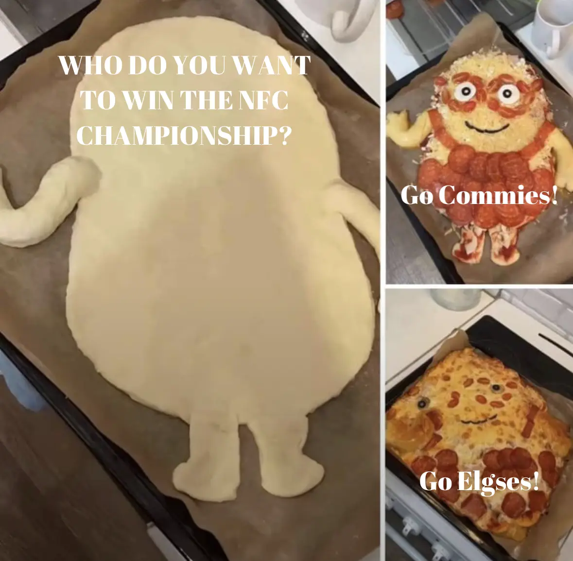 A three-panel image shows a raw pizza dough shaped like a person, then the same dough baked into a Minion-like figure with…