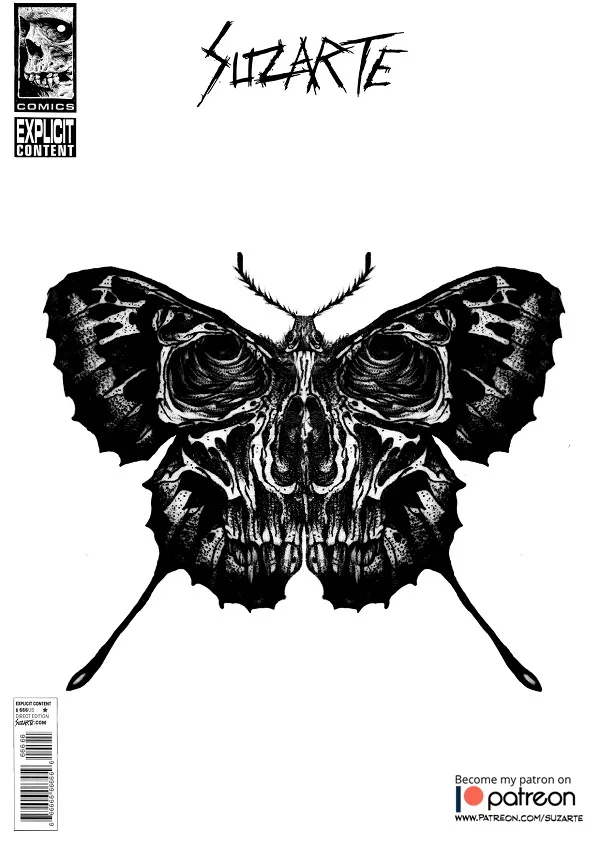 A black-and-white comic book cover featuring a stylized moth with a human skull for a body, detailed with intricate…