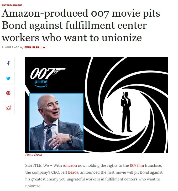 A news article screenshot shows a headline about an Amazon-produced James Bond movie. The image features a classic James…